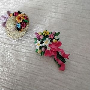 VINTAGE Spring Floral Pin and Hat Pin SET. Bouquet And Wide Brim Hat